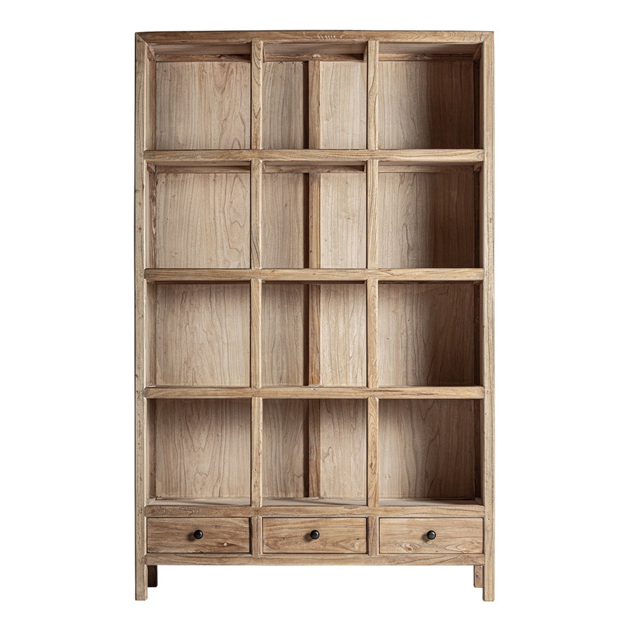 BRECEY natúr szilfa könyvszekrény elölnézetből, 12 rekesszel és 3 fiókkal