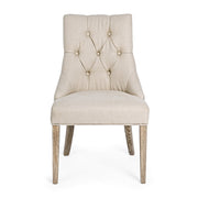 Bézs színű vászonnal kárpitozott, klasszikus formavilágú, elegáns étkezőszék.