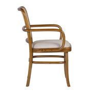 Koloniál stílusú, natúr színű, teakfa étkezőszék rattan háttámlával és bézs ülőfelülettel.