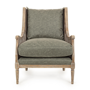 Carolina kőrisfa fotel rattan háttámlával és zöld párnákkal, klasszikus design.