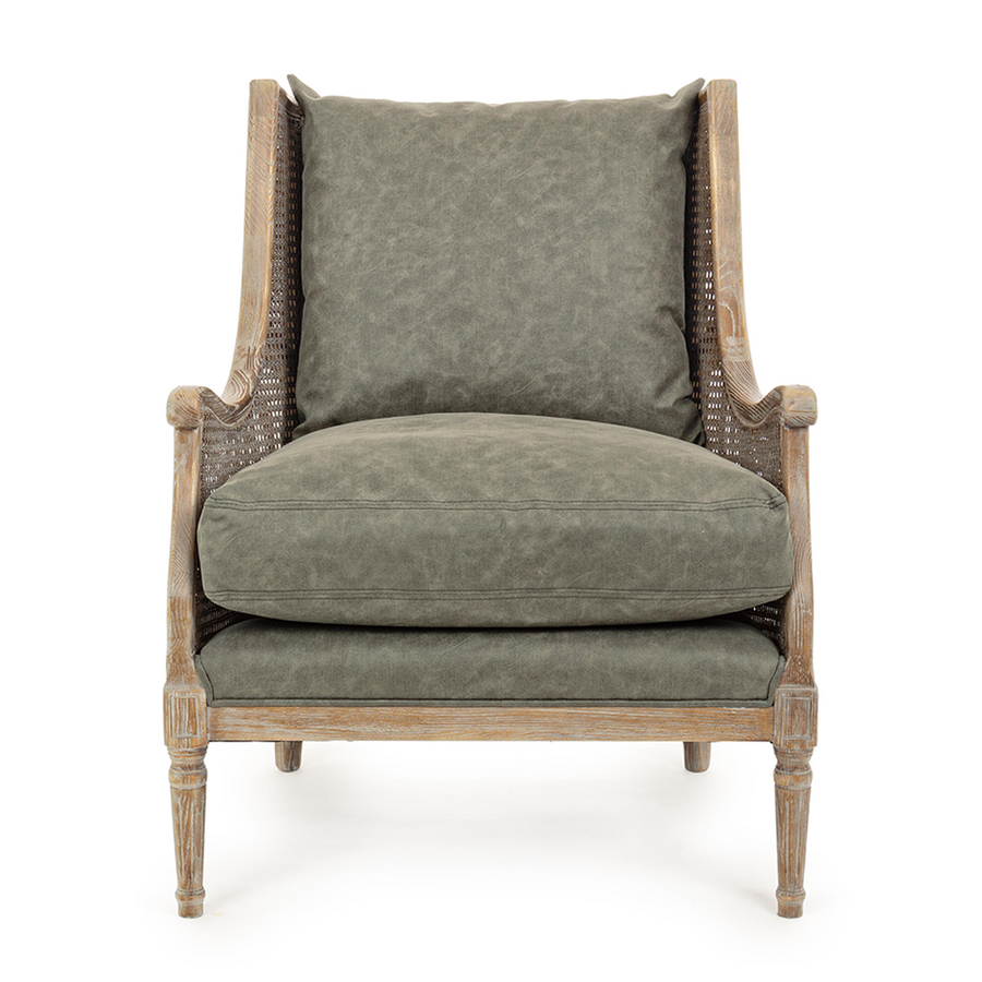 Carolina kőrisfa fotel rattan háttámlával és zöld párnákkal, klasszikus design.