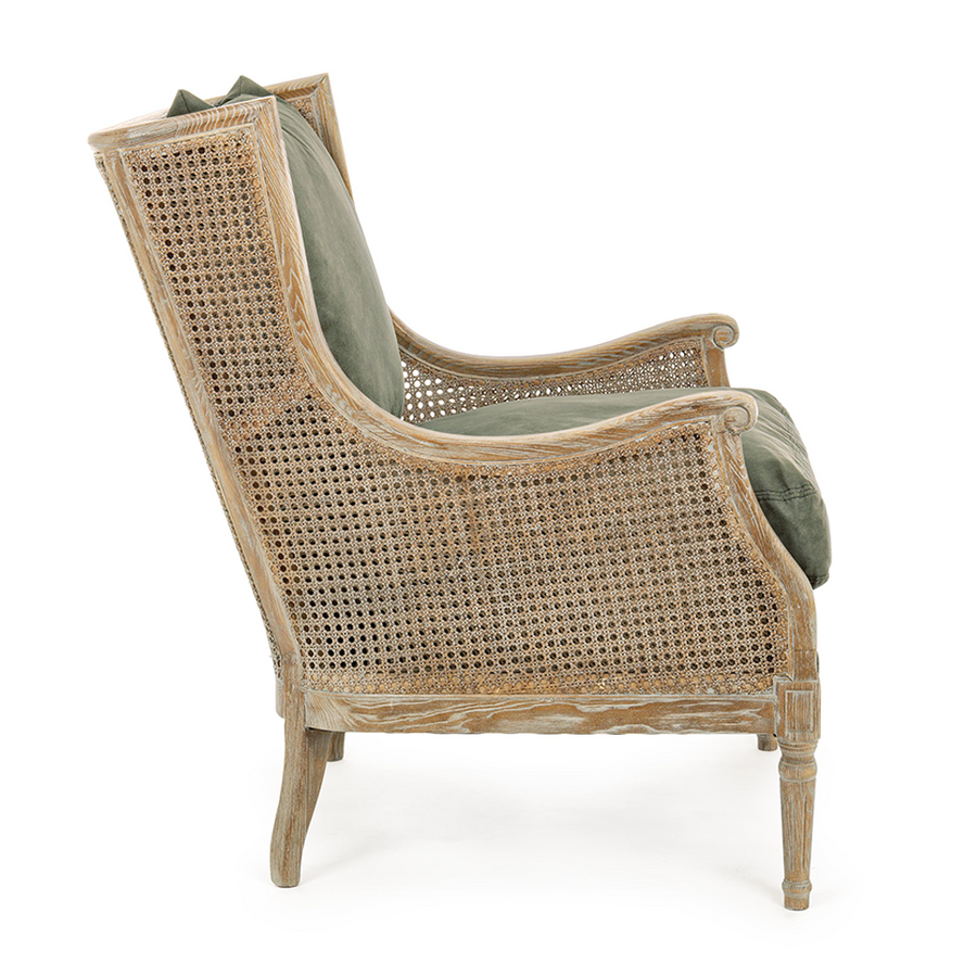 Carolina kőrisfa fotel kézzel szőtt rattan oldallal és kényelmes párnákkal.