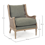 Carolina koloniál stílusú fotel méretekkel feltüntetve.