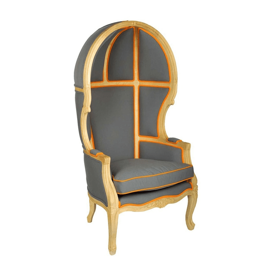 Szürke és narancssárga színű szövettel kárpitozott, kortárs stílusú design hintófotel.