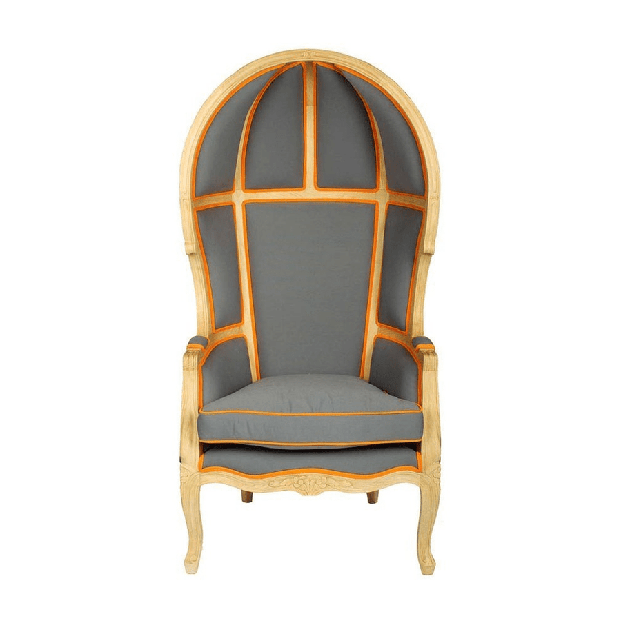 Szürke és narancssárga színű szövettel kárpitozott, kortárs stílusú design hintófotel.