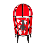 Piros színű szövettel kárpitozott, kortárs stílusú design hintófotel.