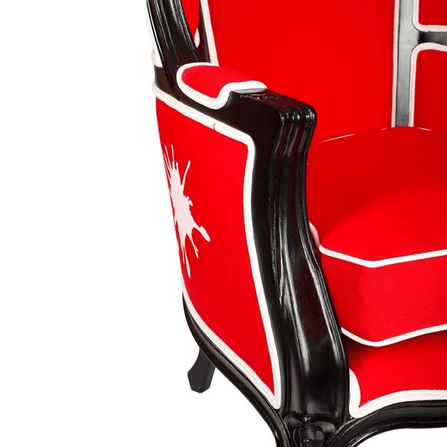 Piros színű szövettel kárpitozott, kortárs stílusú design hintófotel.