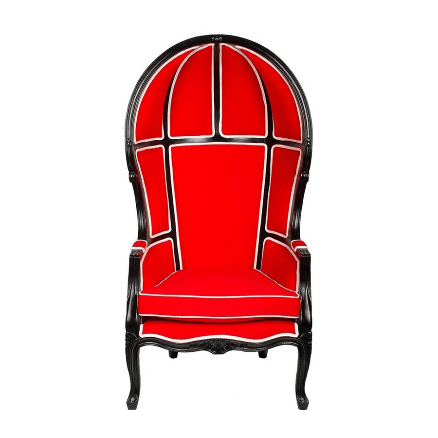 Piros színű szövettel kárpitozott, kortárs stílusú design hintófotel.