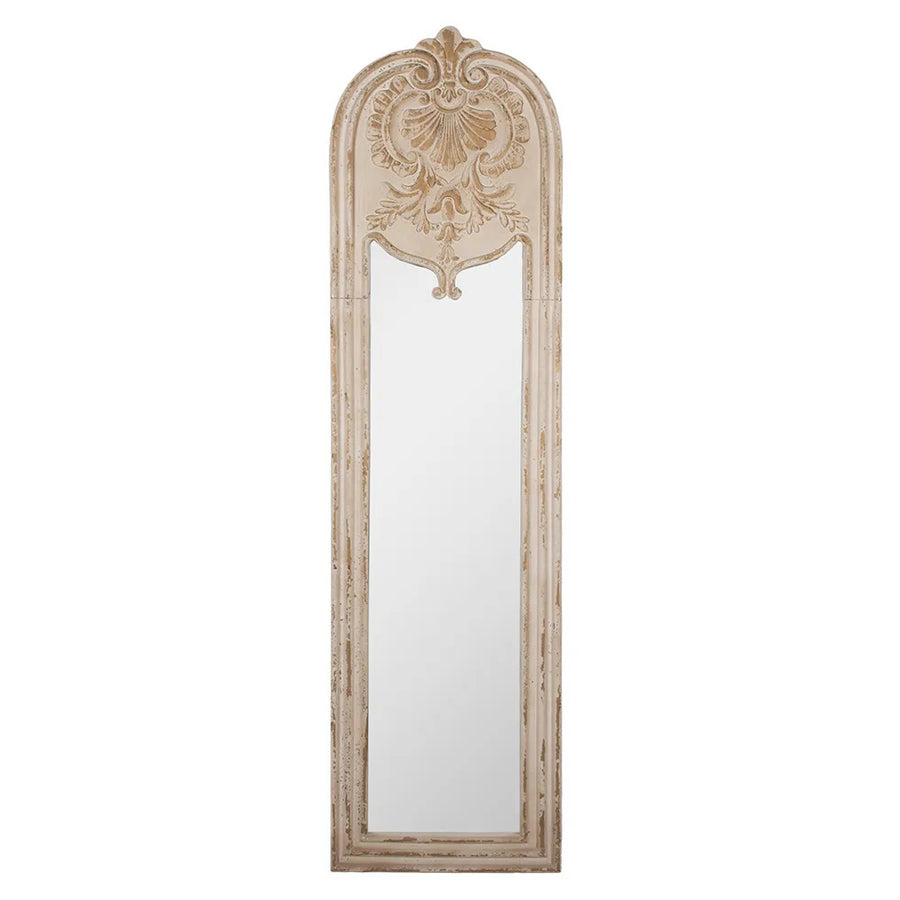 Antikolt bézs színű, magas Casa Roma falitükör shabby chic stílusban, íves felső díszítéssel.