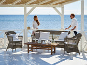 Antikszürke színű, 3 személyes műrattan kerti kanapé.