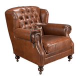 Chester konyakbarna bőrfotel ferde nézetben, gombos háttámlával