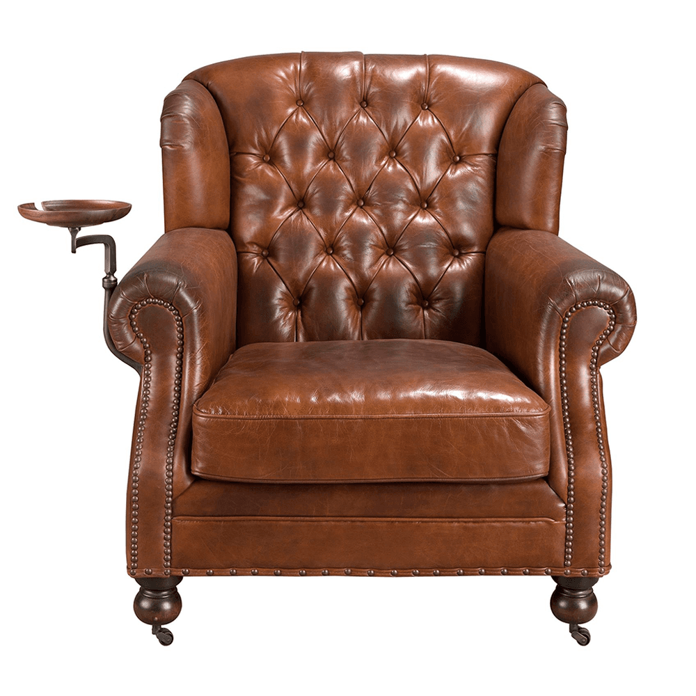 Chester konyakbarna bőrfotel elölnézetben, lehajtható tálcával
