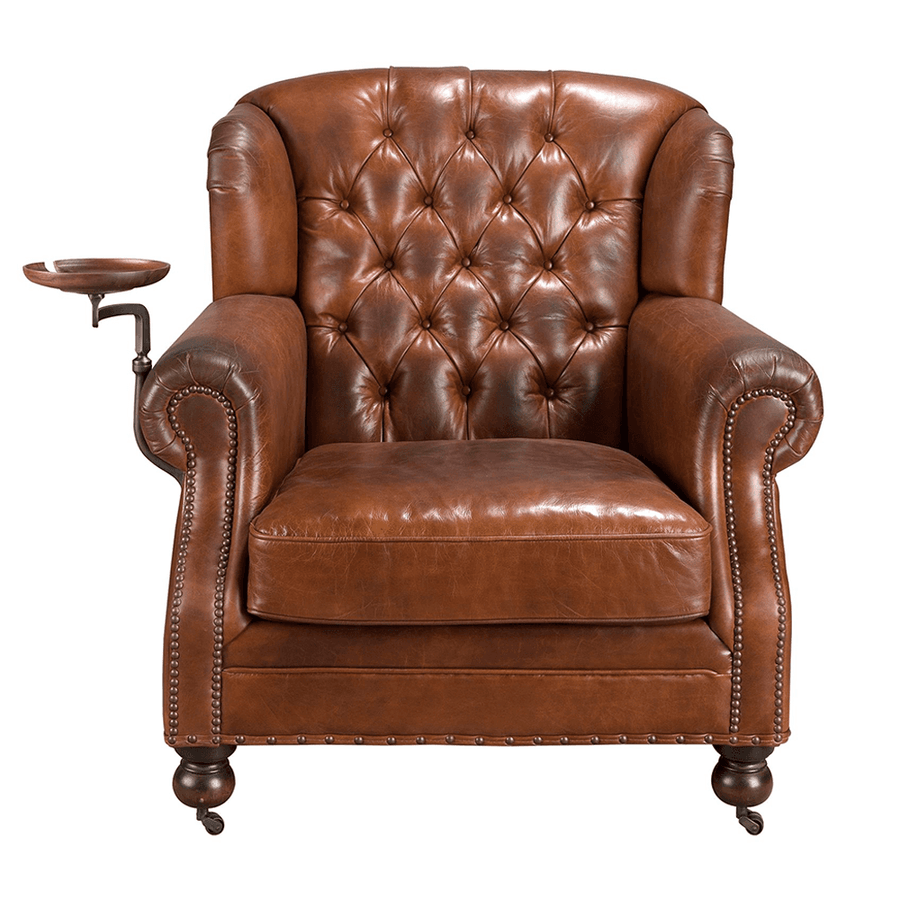 Chester konyakbarna bőrfotel elölnézetben, lehajtható tálcával