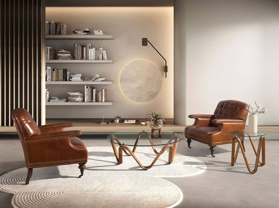 Enteriőr két fotellel – Chester konyakbarna bőrfotel párosban modern nappali térben.