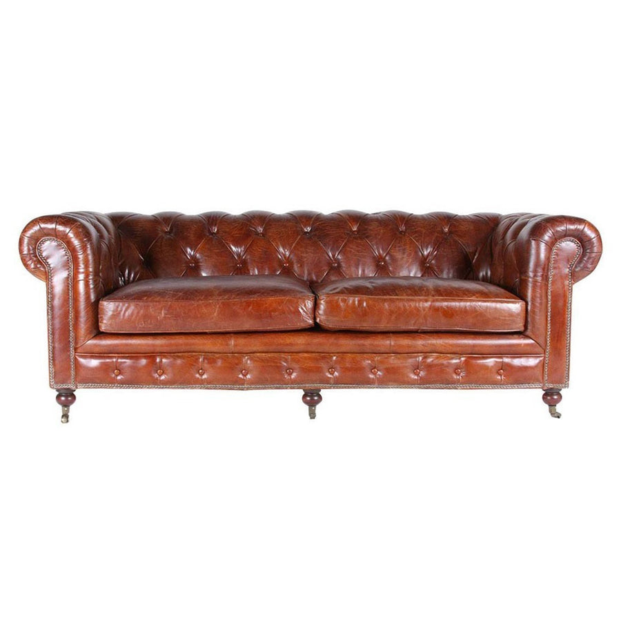 CHESTERFIELD CIGAR 3 személyes vintage bőrkanapé elölnézeti fotó, dohányszínű marhabőrrel és mélygombos háttámlával