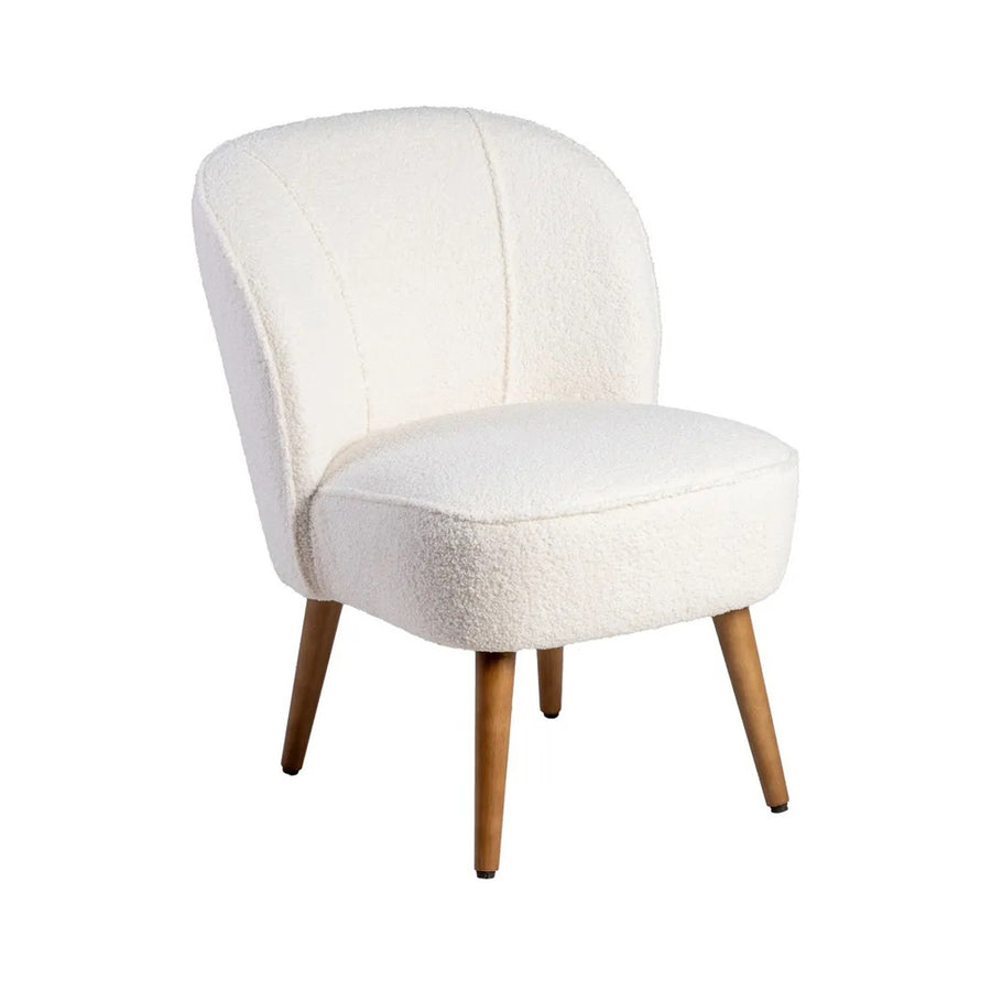CLUB EMMA bézs bouclé klub fotel tömör fa lábakkal, világos kárpittal.
