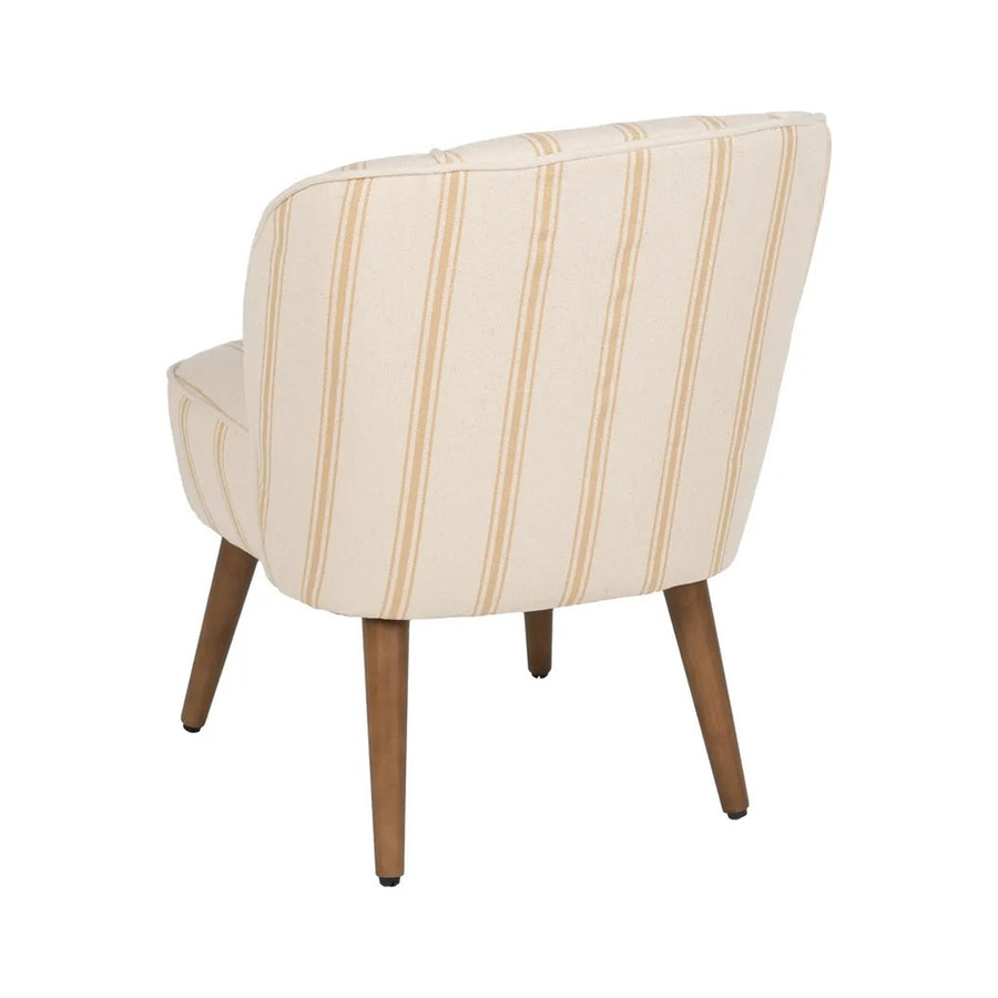 Okker csíkos klub fotel hátulnézetből, fa lábakkal.