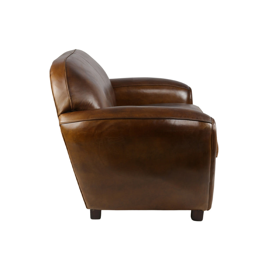 Kétüléses dohánybarna bőrkanapé oldalnézetből, letisztult art deco ihletésű sziluettel