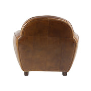 Hátnézetből fotózott Club Paquebot dohánybarna bőrfotel, melynek letisztult hátsó panelje elegáns megjelenést kölcsönöz.