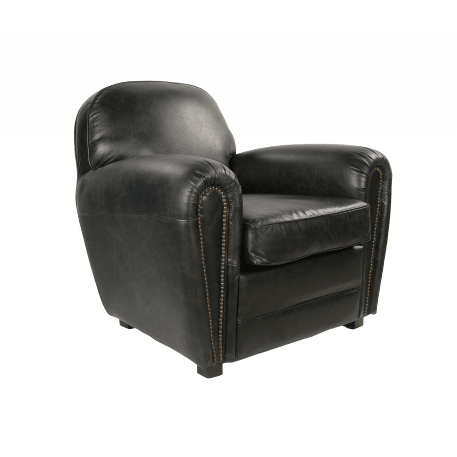 Fekete színű valódi marhabőrrel kárpitozott klubfotel.