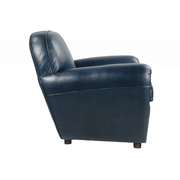 Kék színű valódi marhabőrrel kárpitozott klubfotel.