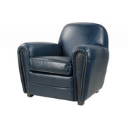 Kék színű valódi marhabőrrel kárpitozott klubfotel.