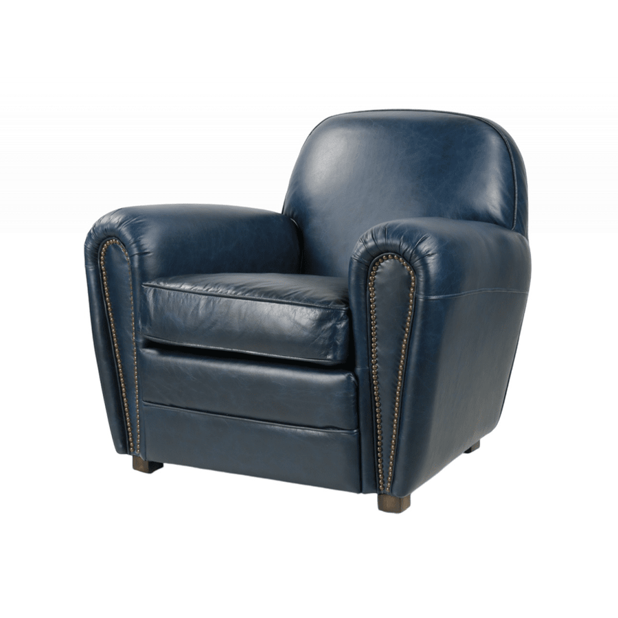 Kék színű valódi marhabőrrel kárpitozott klubfotel.