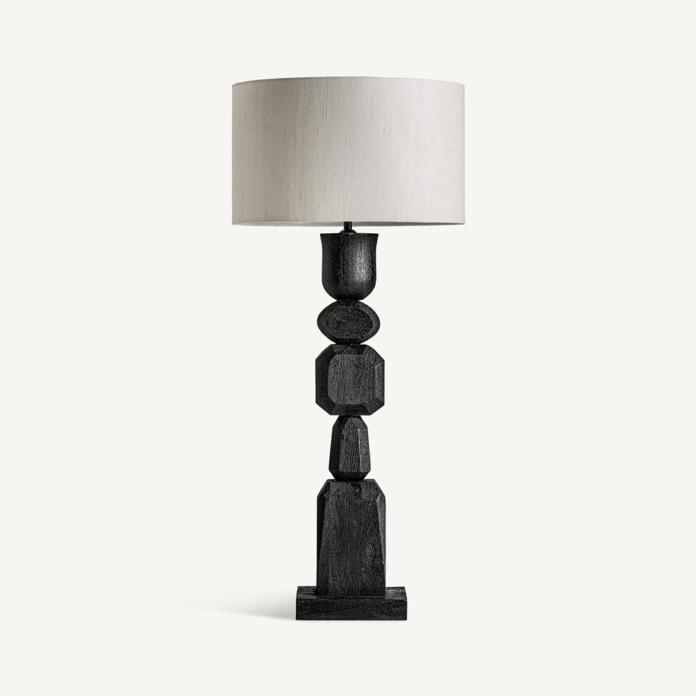 Fekete színű design asztali lámpa, krém színű juta lámpaernyővel.