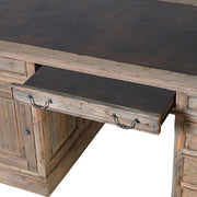 Fenyőfából készült, 11 fiókos, 2 ajtós kézműves íróasztal.