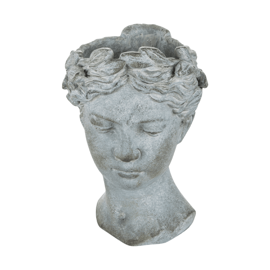 Női mellszobor formájú,antikolt felületű, szürke színű, kaspó büszt.