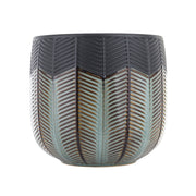 Dalia kollekció kaspója oldalnézetből, aranyszínű részletekkel kiemelt dombormintával, fekete-türkiz kerámia mázban.