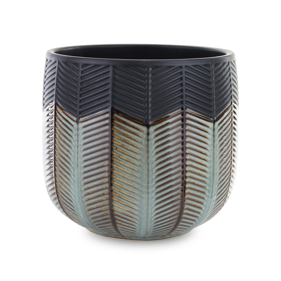 Modern fekete és türkiz színű, dombormintás kerámia kaspó 18 cm átmérővel és aranyszínű részletekkel, Dalia kollekció