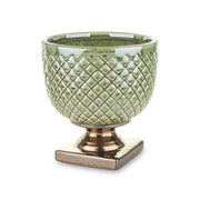 Zöld, dombormintás kerámia kaspó bronzos talppal – előnézeti kép