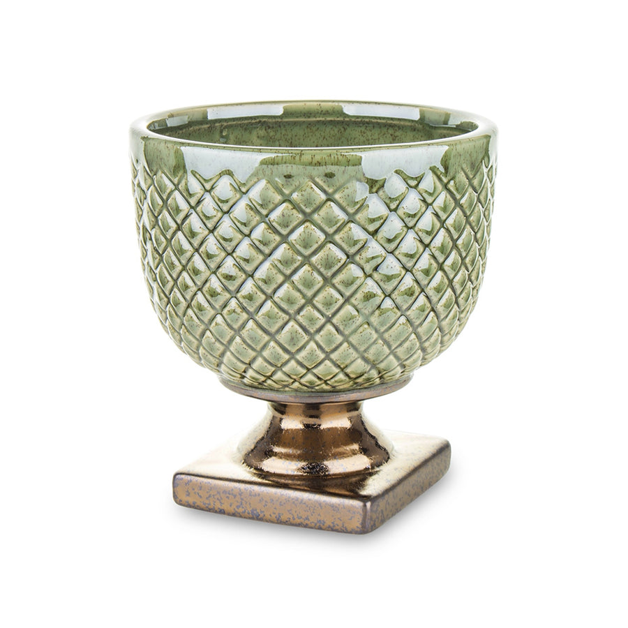 Zöld, dombormintás kerámia kaspó bronzos talppal – előnézeti kép