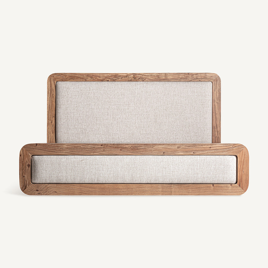 Japandi stílusú, bézs színű betétes, akácfa franciaágy.