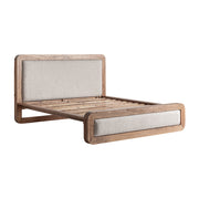 Japandi stílusú, bézs színű betétes, akácfa franciaágy.