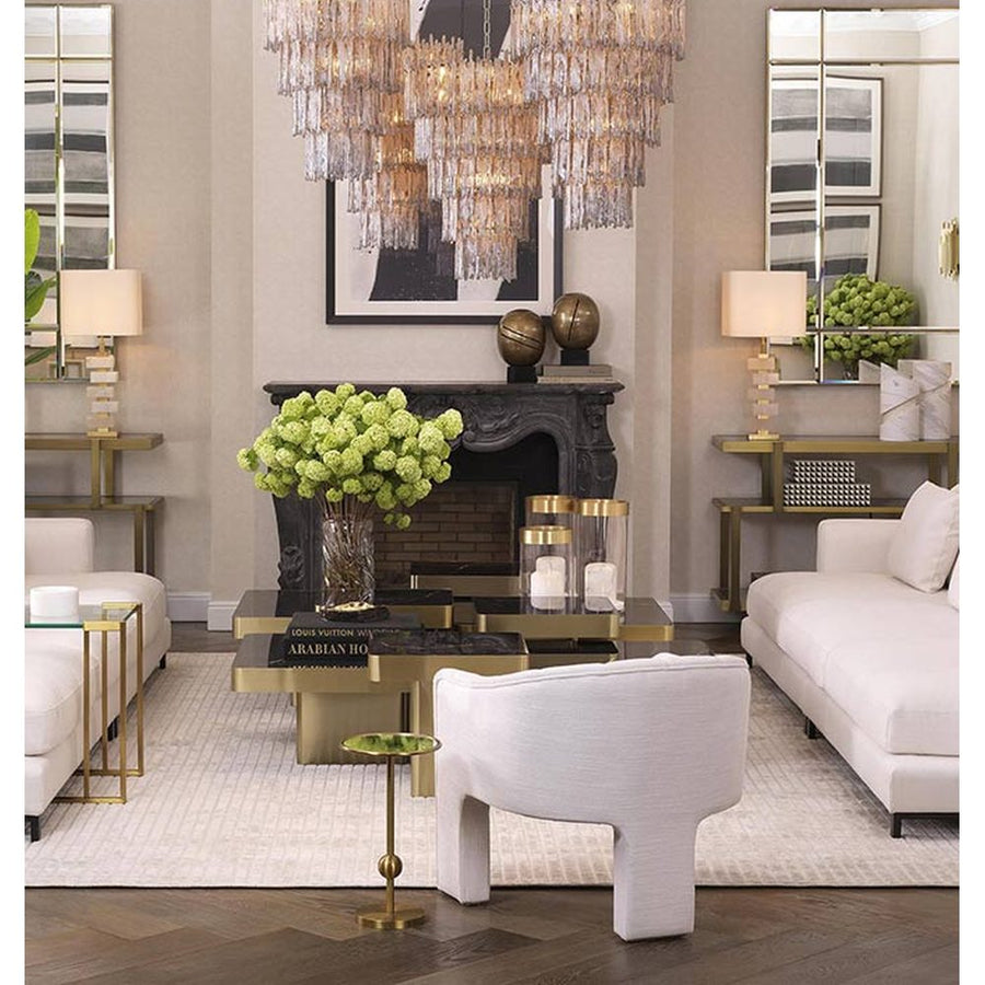 Füstüvegből és sárgaréz színű szálcsiszolt fémből készült kézműves dizájn csillár..