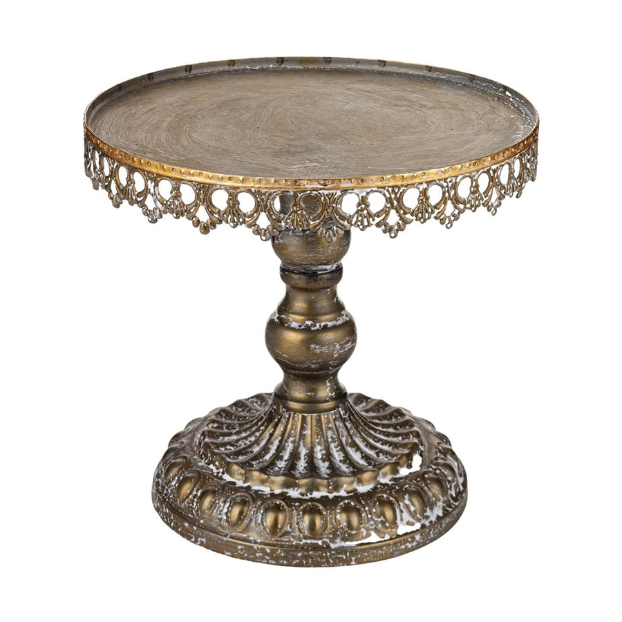 Óarany színű fémből készült, díszes kialakítású süteményes állvány üvegbúrával.