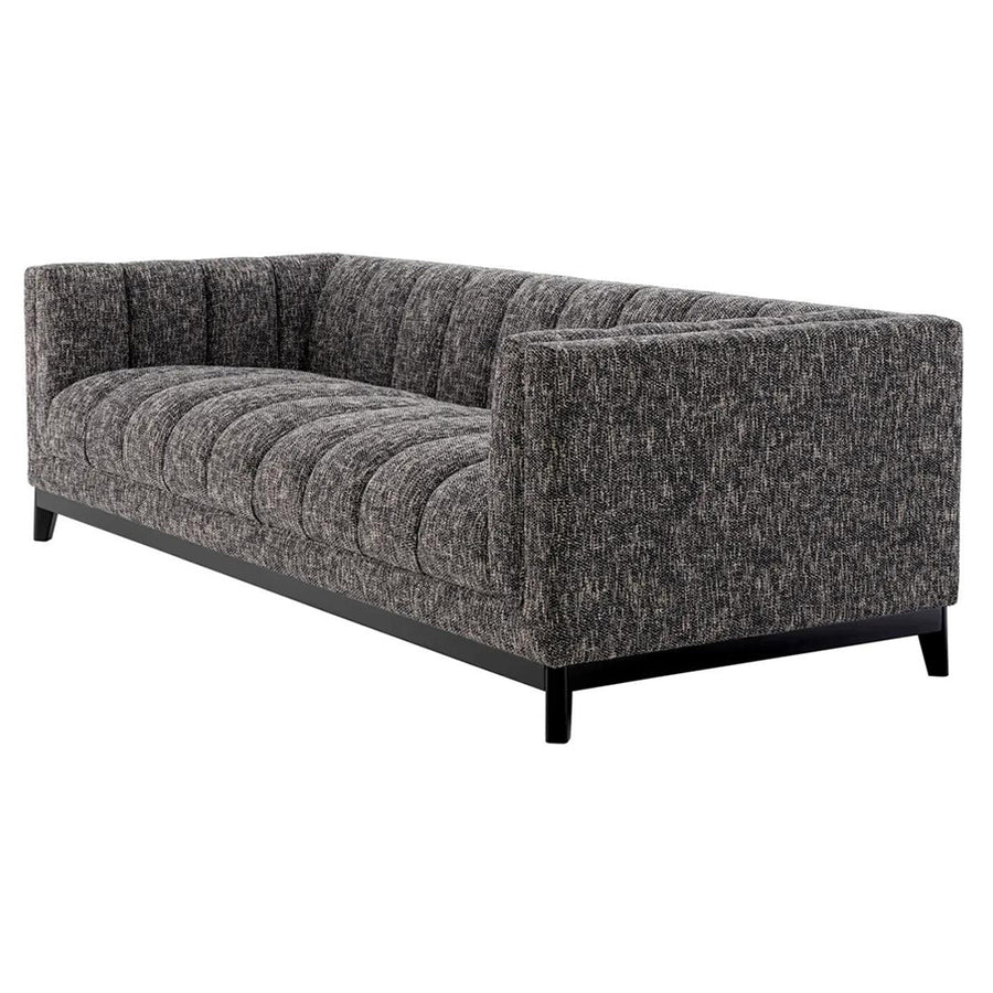 Fekete színű szövettel kárpitozott, prémium minőségű, formatervezett design kanapé.