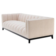 Krémszínű buklé szövettel kárpitozott, prémium minőségű, formatervezett design kanapé,