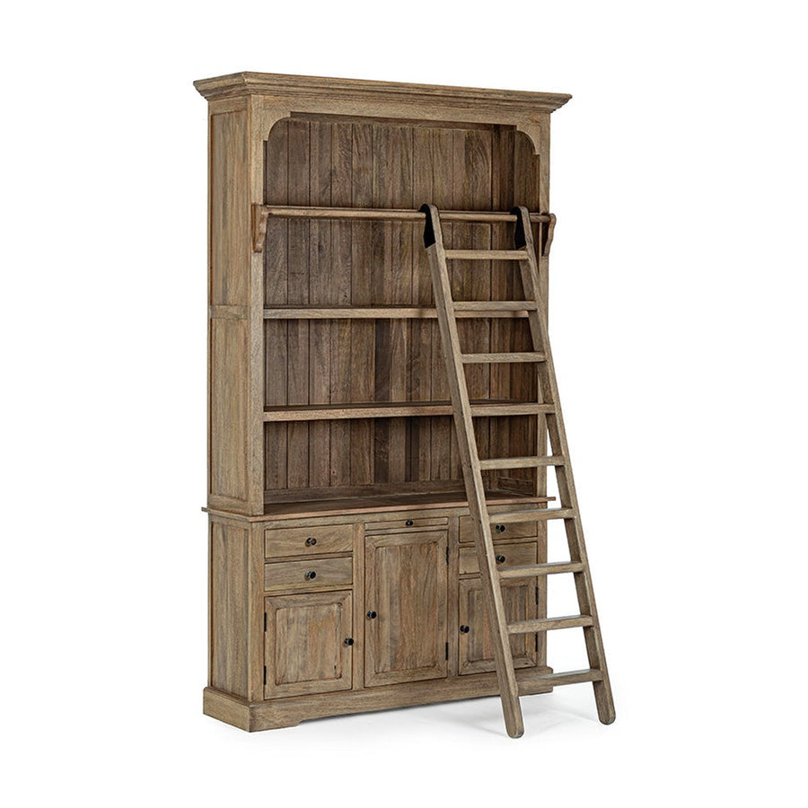 Klasszikus stílusú, létrával ellátott, mangófából készült könyvszekrény.