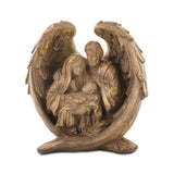 Natúr karácsonyi betlehem a Dost kollekcióból, angyalszárnyak ölelésében a Szent Család, 20 cm magas műgyanta figura.