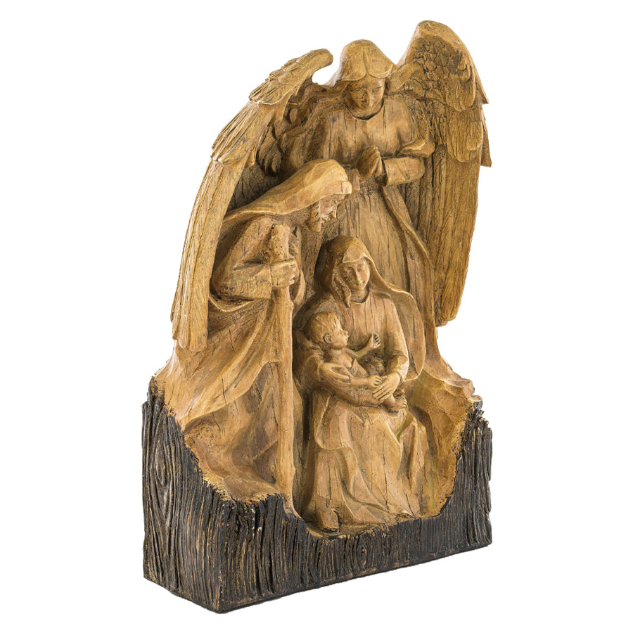 Dost karácsonyi betlehem oldalnézetből, rusztikus, faragott fa megjelenésű kompozíció.