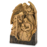 Natúr, faragott fa hatású karácsonyi betlehem a Dost kollekcióból, 48 cm magas, Szent Család és angyal szobor.