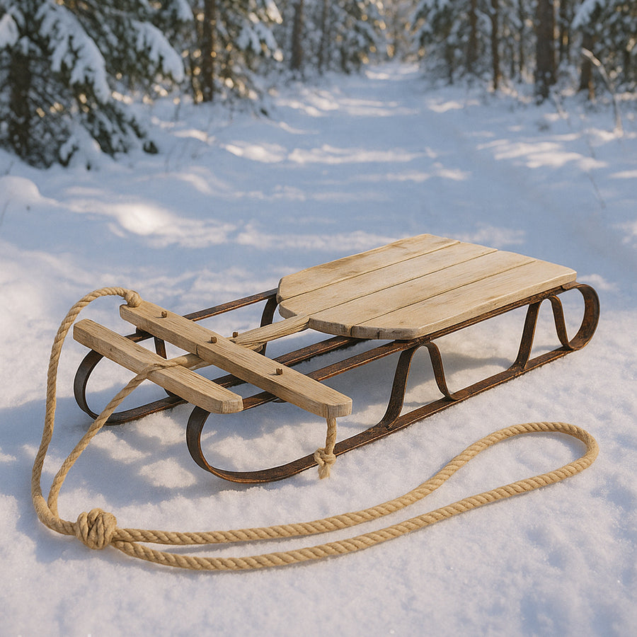 Old French natúr fa szánkó havas fenyvesben, autentikus karácsonyi hangulatban.