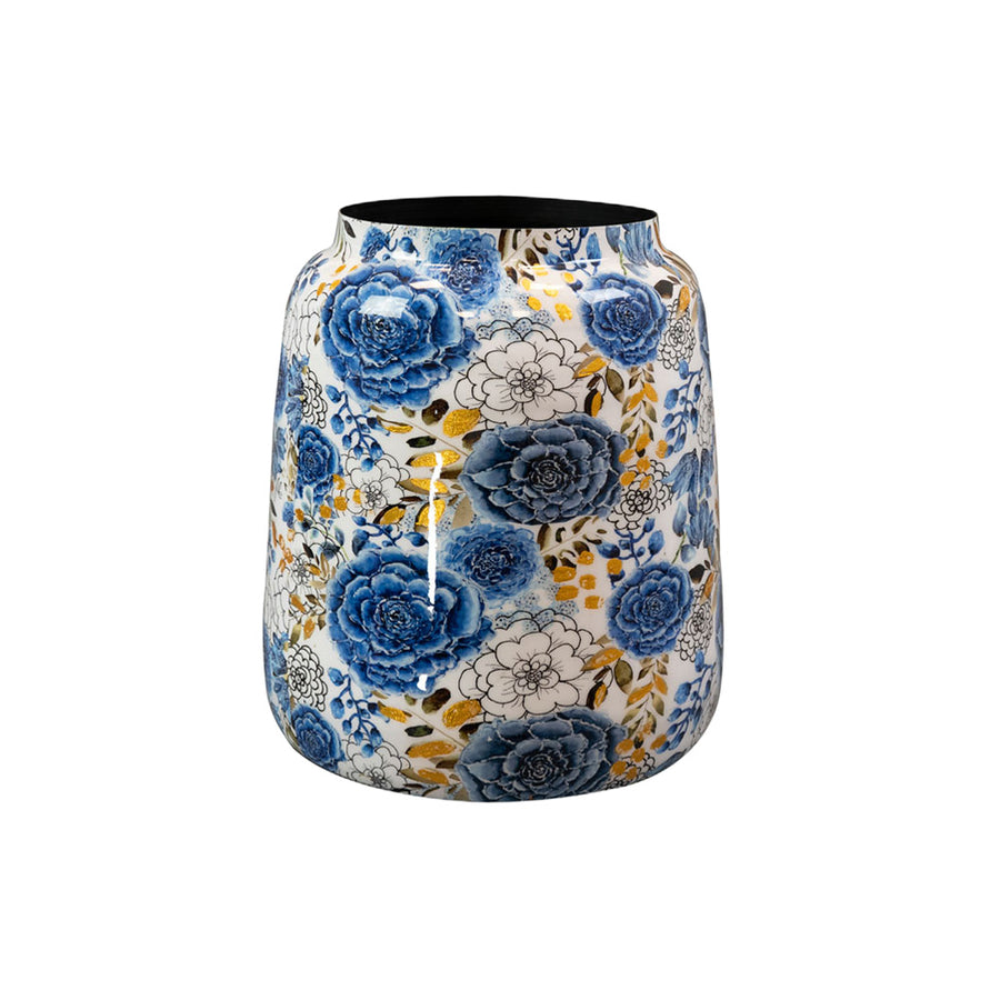 Kézzel festett Dutch Blue design kaspó Ø 21 × 24 cm-es méretben, kék-fehér-arany akvarell virágmintával, magasfényű fém felülettel.