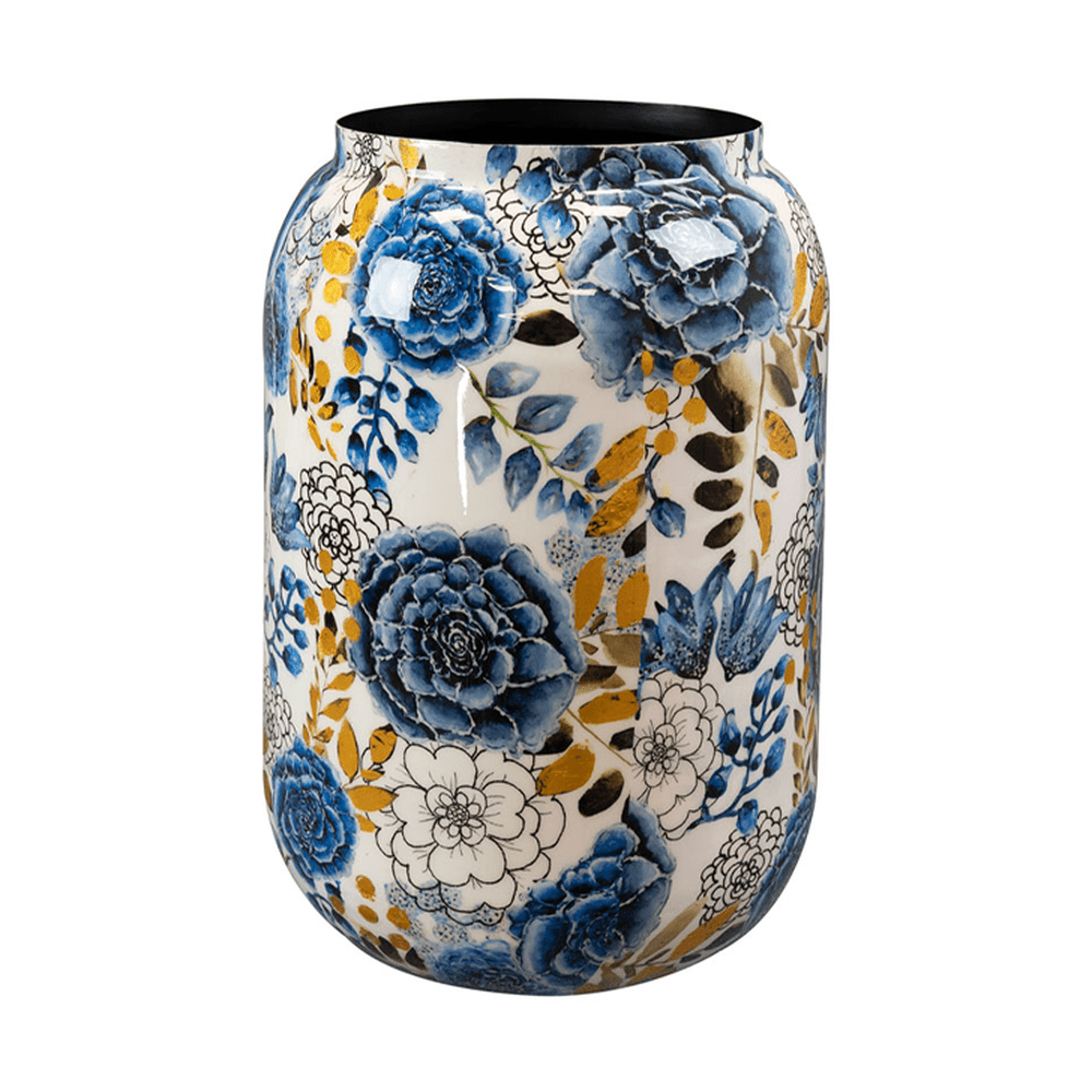 Dutch Blue fém design kaspó Ø 30 × 42 cm – kézzel festett, magasfényű kaspó kék-fehér-arany virágmintával, Designed by Lammie