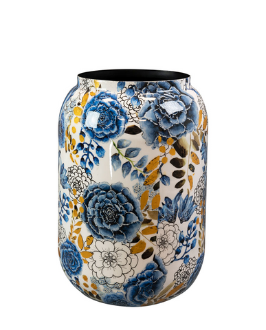Dutch Blue fém design kaspó Ø 30 × 42 cm – kézzel festett, magasfényű kaspó kék-fehér-arany virágmintával, Designed by Lammie