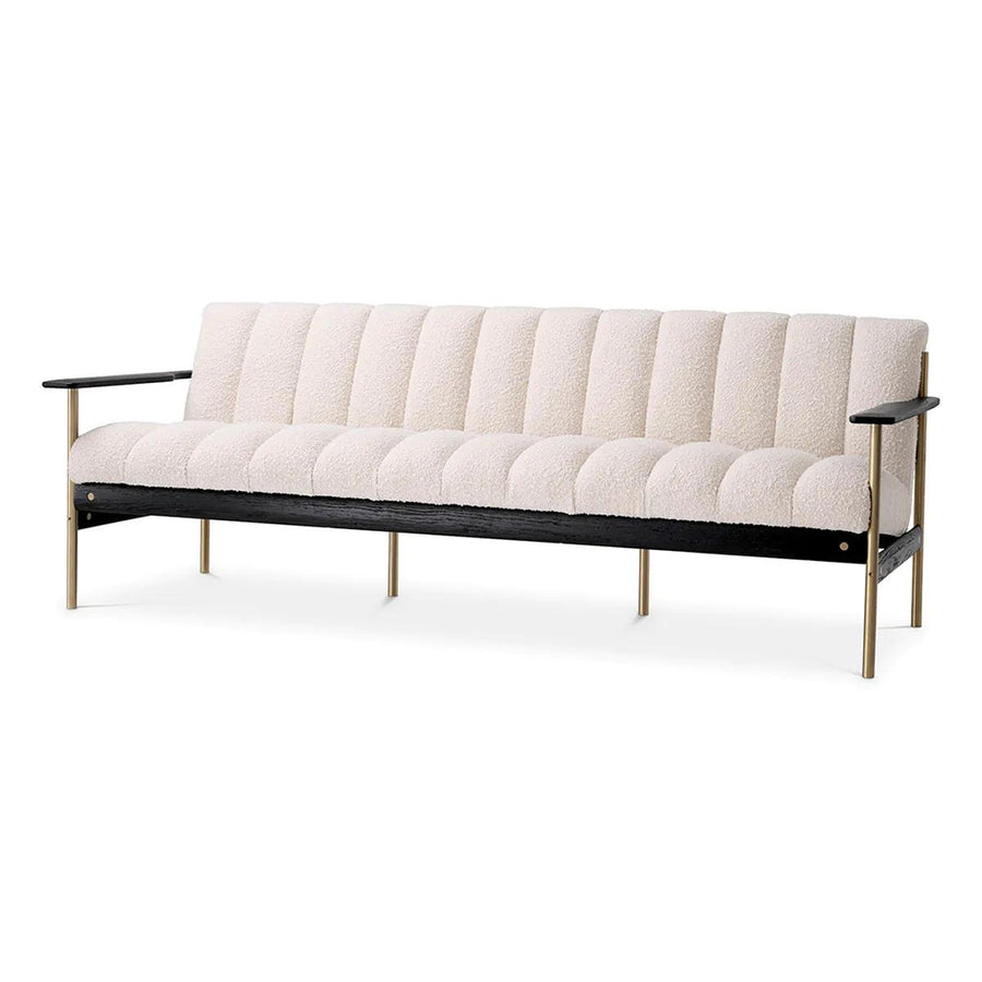 Krémszínű buklé szövettel kárpitozott, prémium minőségű, formatervezett design kanapé.