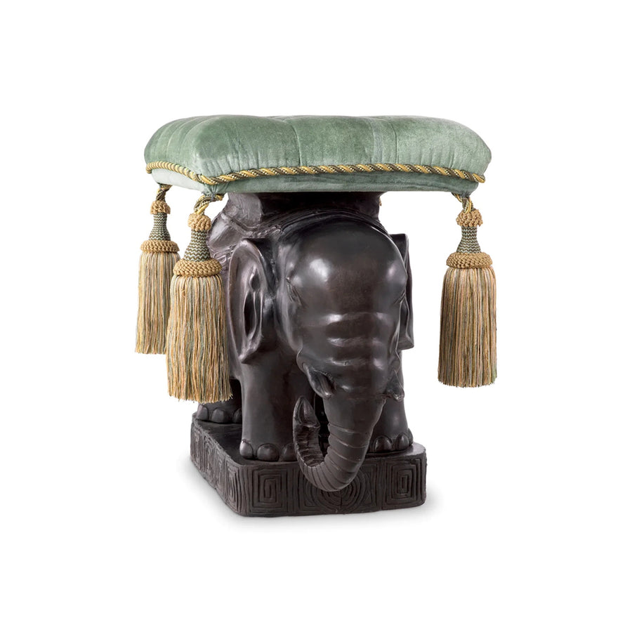Eichholtz Elephant puff bronz hatású elefánt szoboralappal és zöld bársony ülőfelülettel, selyem bojt díszítéssel